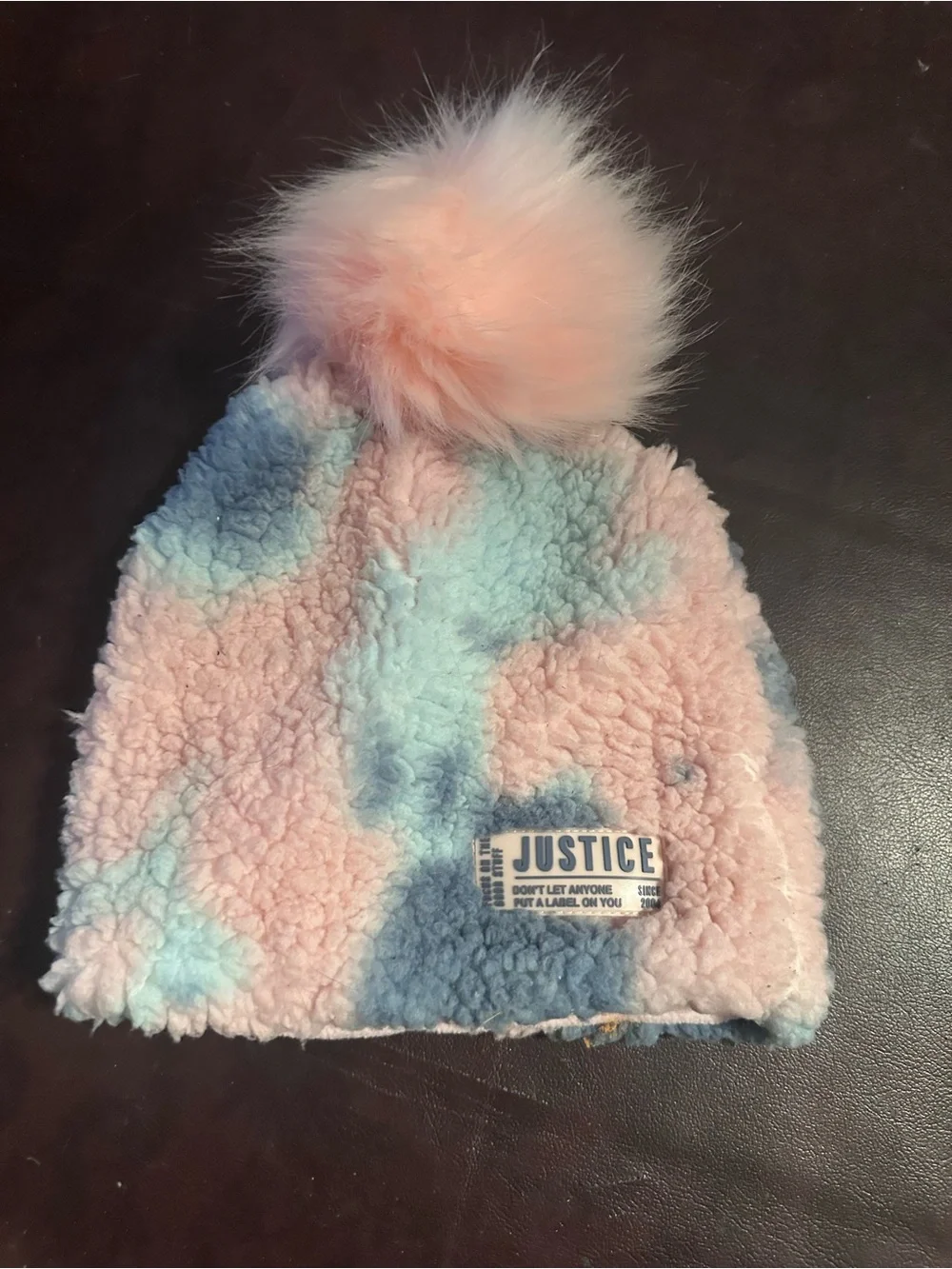 Justice Pink & Light Blue Faux Fur Pom Sherpa Beanie